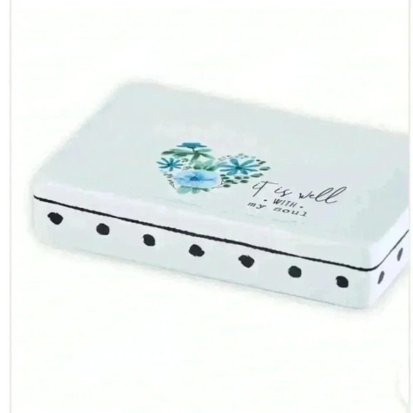It Is Well With My Soul White Ceramic Soap Dish W/ Blue Flowers & Black Accents - Picture 7 of 13